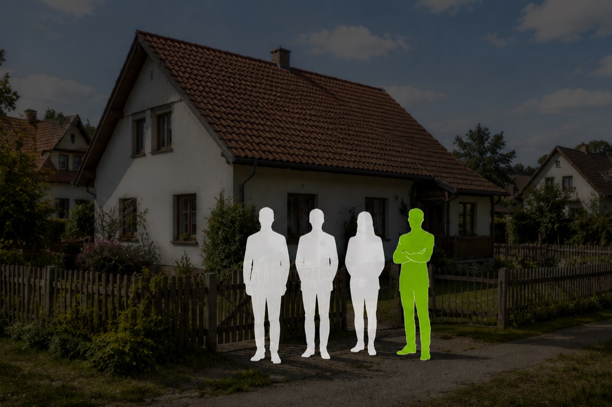 Spoluvlastníci před domem, jeden z nich vyznačený